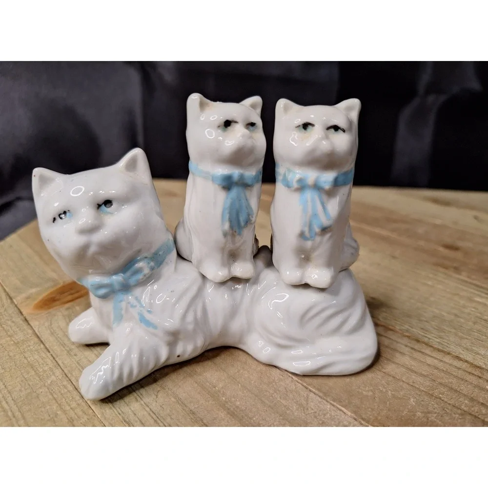 Vintage White Ceramic Cat Family Salt and Pepper Shaker Set Blue Bows 3 Piece